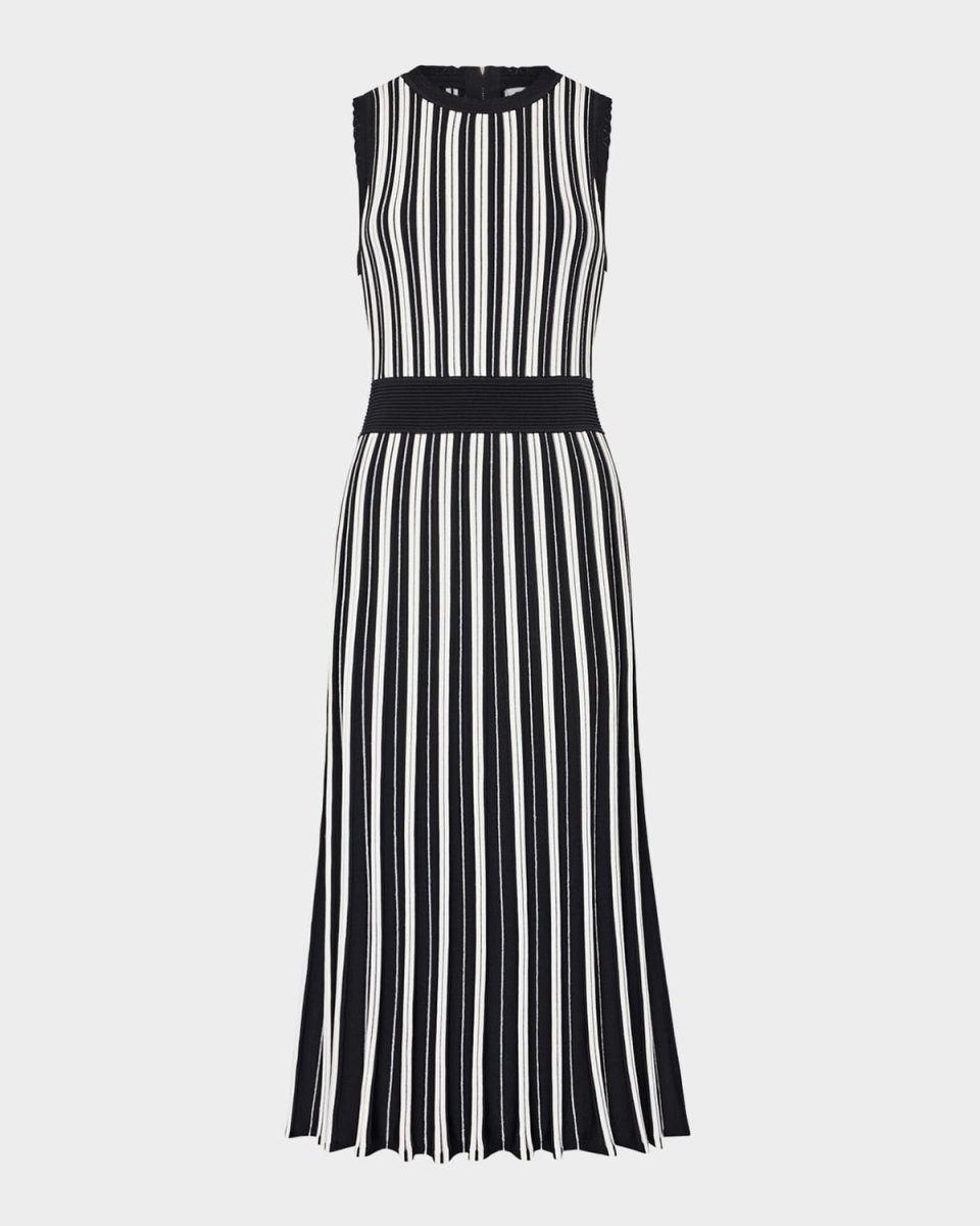 Pleated Striped Knit Midi Dress
